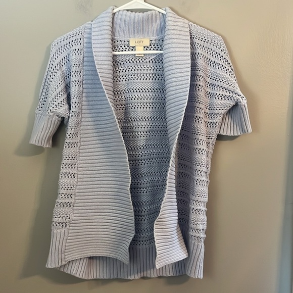 LOFT Light Blue Short Sleeve Cable Knit Ribbed Front Open Cardigan Size M - Picture 3 of 11